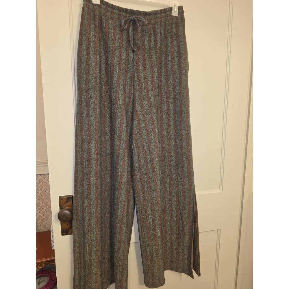 Three Birds Nest Wide Leg brown blue stripe Pants XL draw string pockets